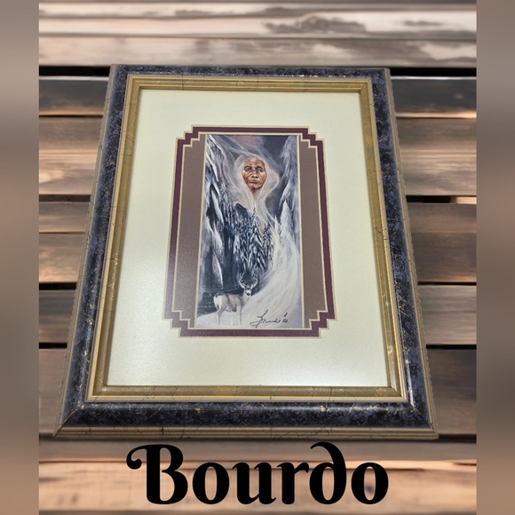 Bourdo Other - Bourdo Native American Snow Woman Of The Forest Deer  Matte & Framed Blues White